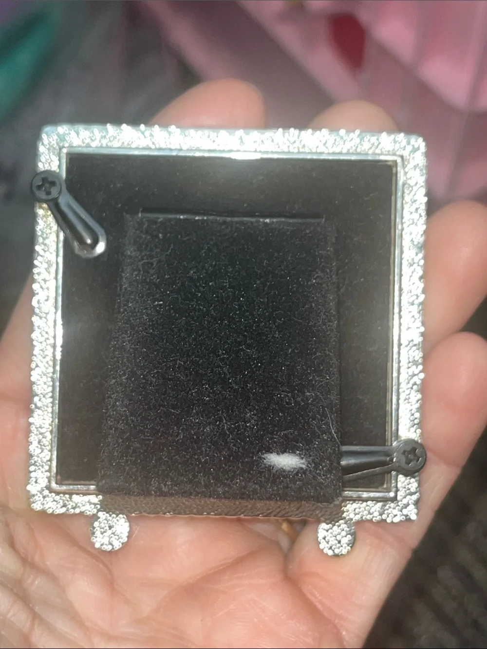Miniature Pink and Maroon gem borders encased in silver 2 x 2” frame 490
